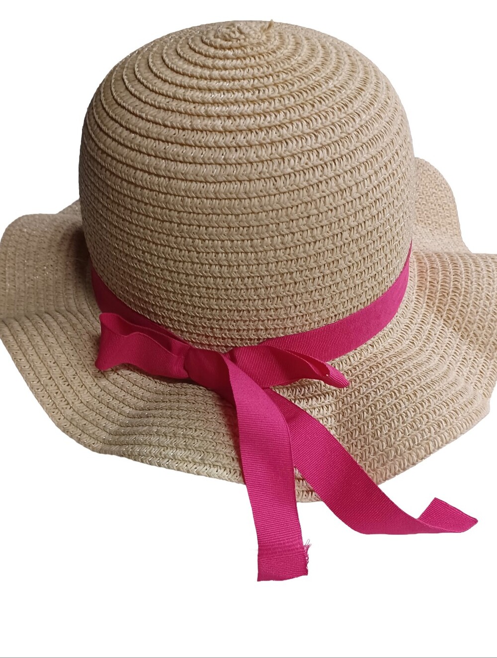 Children's Wide Brim Straw Hat With Pink Ribbon